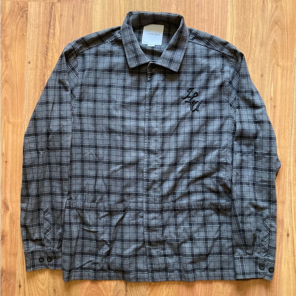 I Love Ugly Black Gray Checkered 100% Cotton Flannel Button Up Shirt Mens Large